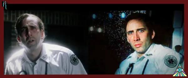 Two combined stills from Bringing Out the Dead; one where Nicolas Cage is glowing in light, and another where he emerges from darkness.